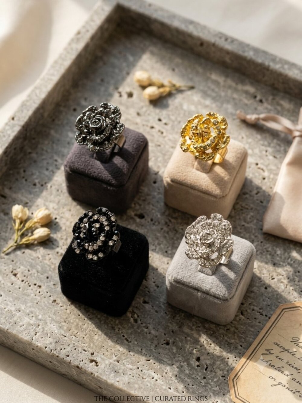 Y2K Set of 4 Adjustable‎ Rhinestone Flower Rings Gold Silver Black Fashion Glam